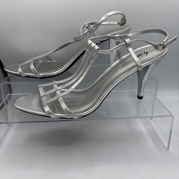 Fioni Night Size 11 Silver T Strap Open Toe stiletto Heels Formal wedding - Picture 7 of 10